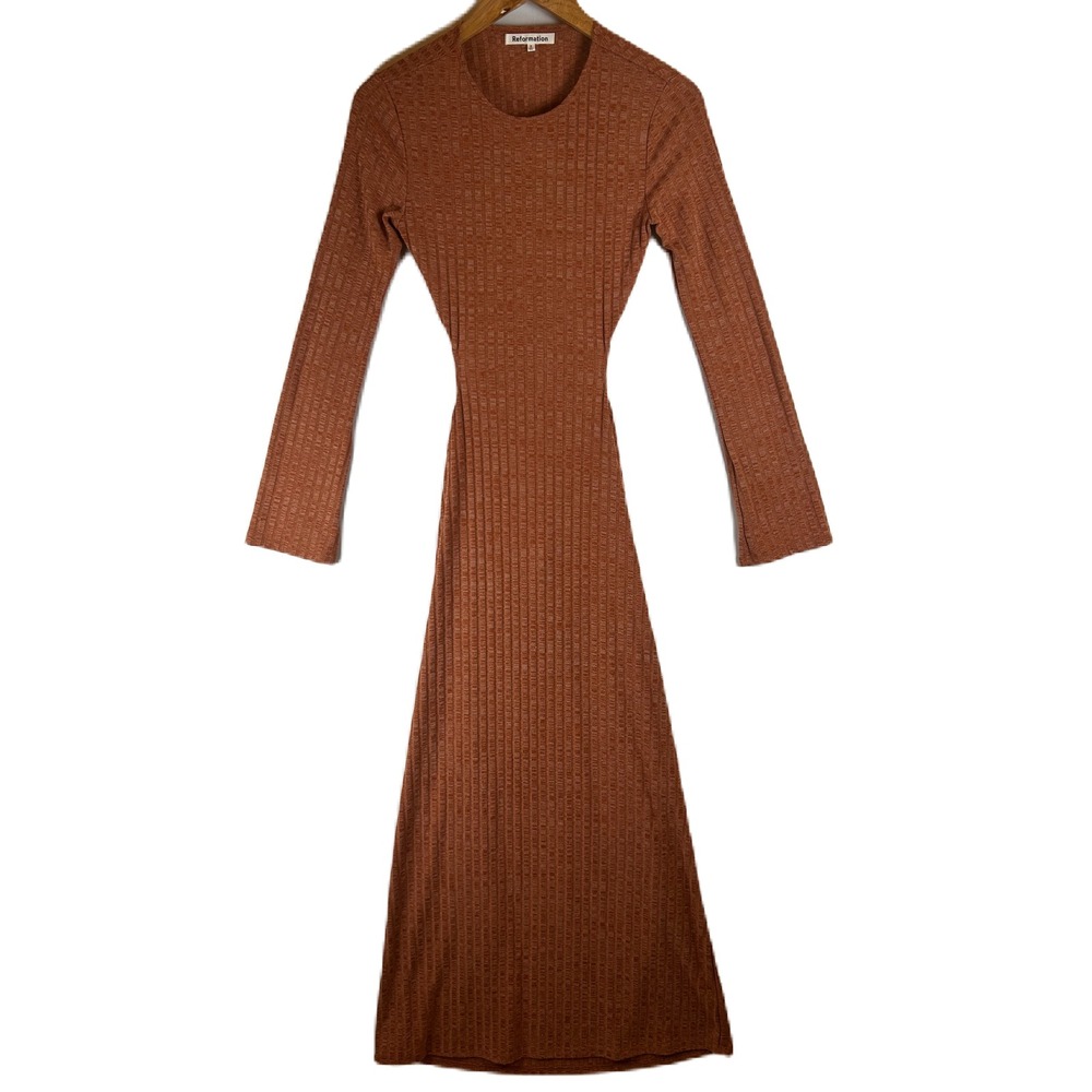Reformation Rust Orange Brown Ribbed Knit Open Back Long Sleeve Maxi Dress Small